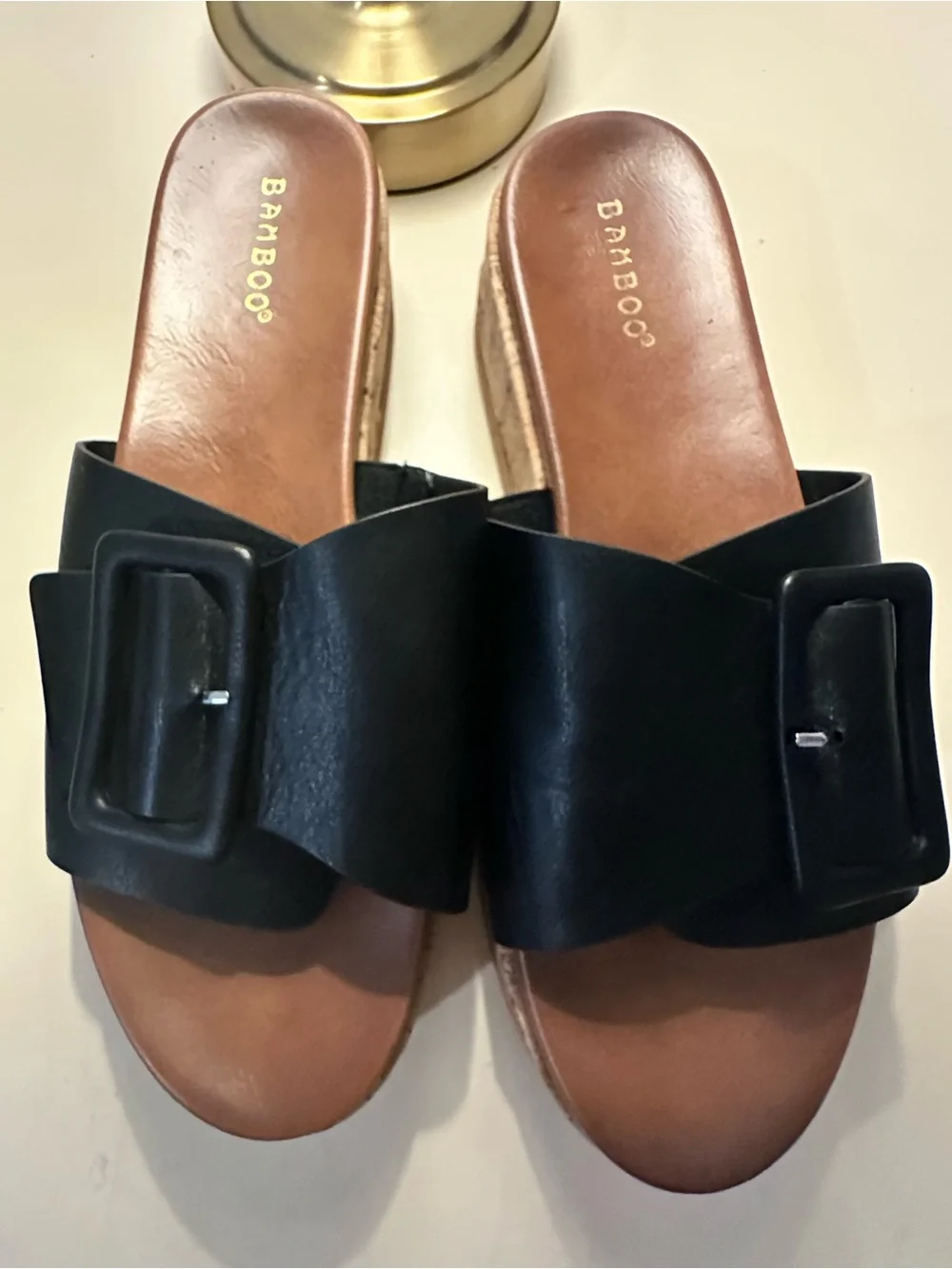 BAMBOO Black Buckle Wide-Band Wedge Slide Sandals